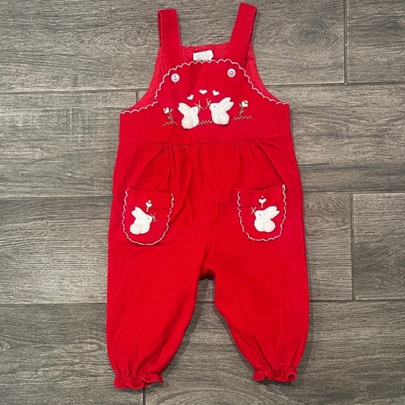 Other - Vintage red corduroy embroidered bunny baby Overalls